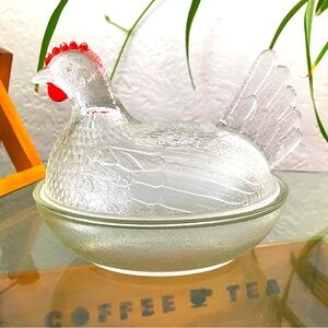 Vintage Indiana Glass Hen On Nest Clear Glass With Red Comb, 1930s 1940s